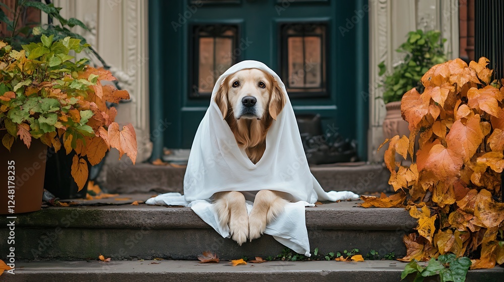 On halloween a golden retriever dog dressed as a ghost sits on the stoop