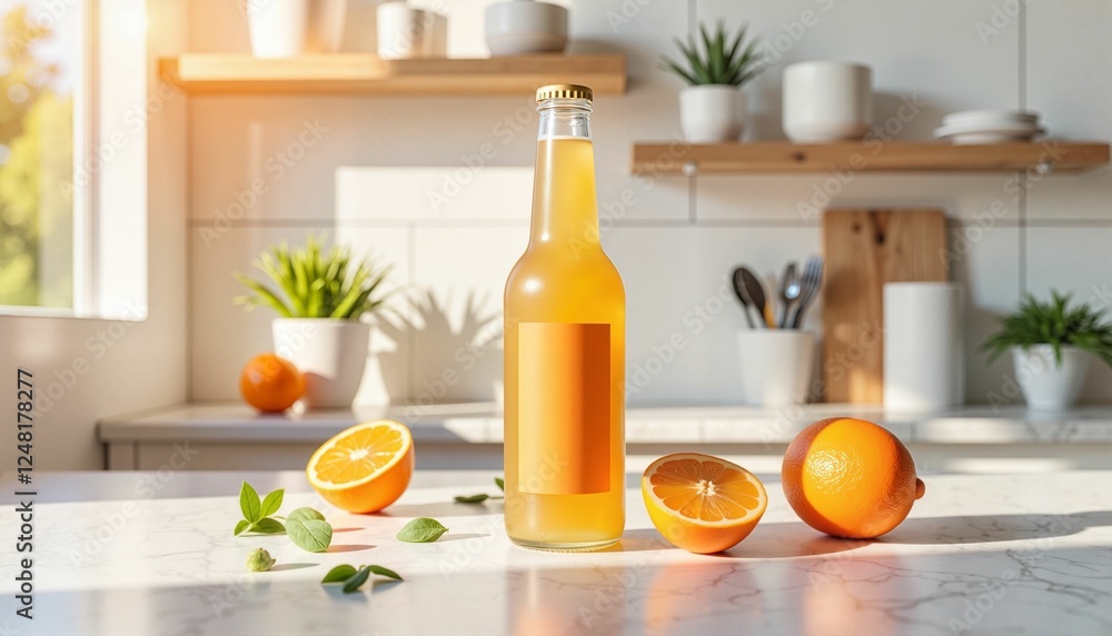 Vibrant beverage packaging mockup on minimalistic countertop, refreshing design Vibrant beverage packaging mockup on minimalistic countertop, refreshing design