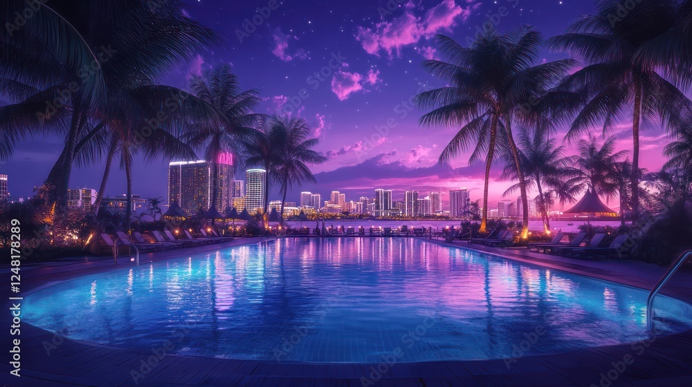 Night pool, palm trees, city skyline, reflective water under vibrant sunset sky. Use tourism, leisure, vacation Night pool, palm trees, city skyline, reflective water under vibrant sunset sky. Use tourism, leisure, vacation