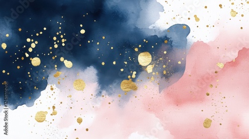 Abstract gold-accented watercolor background with navy and blush pink hues