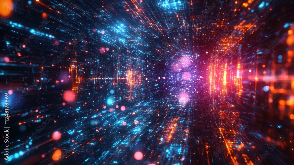 Fototapeta premium Abstract background with floating 3D shapes and glowing circuits