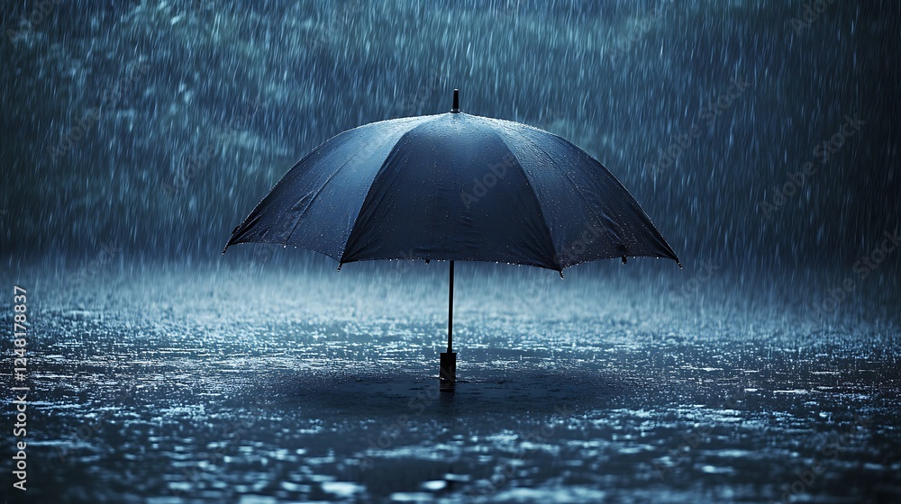 One an umbrella a representation of tenacity and isolation hangs in a deluge