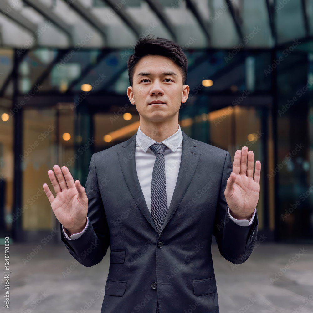 young businessmanin suit standing in front of office hands up young businessmanin suit standing in front of office hands up