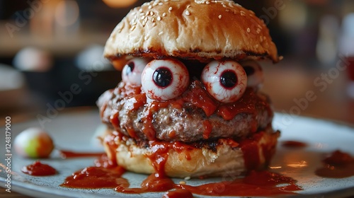 Obraz na płótnie Related to halloween zombie patty with sauce and eyeball decorations w salonie