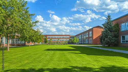 Buildings of school, kindergarten and university and yard with green grass. Summer landscape with education houses, college, primary school and daycare center, vector cartoon illustration