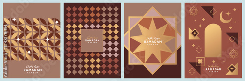 Ramadan Kareem poster, holiday cover set. Islamic greeting card, banner template. Arabic text mean Ramadan Kareem. Modern design with geometric pattern overlay effect in trendy warming brown colors