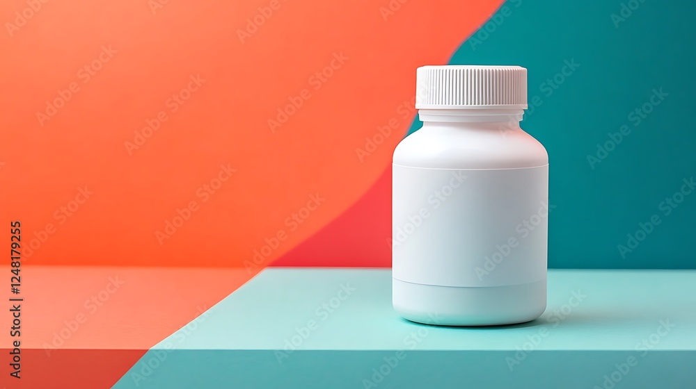 White plastic bottle on small tabletop bottle sticker labeling machine for medicine and pharmaceutical industry isolated on a colorful background