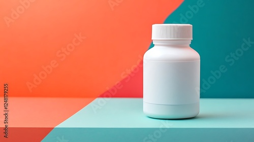 Obraz na płótnie White plastic bottle on small tabletop bottle sticker labeling machine for medicine and pharmaceutical industry isolated on a colorful background w salonie