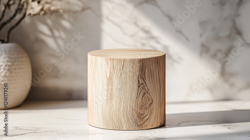 Fototapeta Naklejka Na Ścianę i Meble -  3d wood podium stand. Isolated product display stage vector design on transparent background. Beauty, cosmetic or food nature cylinder kitchen plate showcase template for ad with wooden pattern