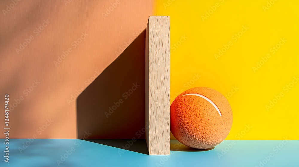 Wooden bookend displaying a squash ball isolated on a colorful background