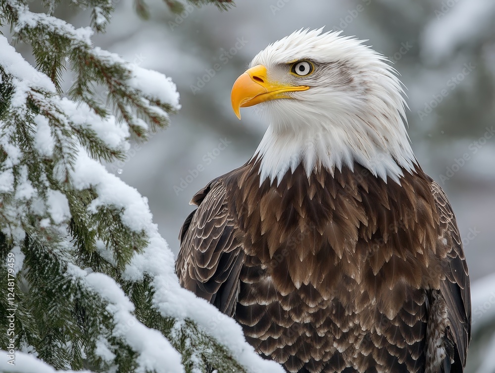 Obraz premium Bald eagle perched on a snowy branch during a winter day.