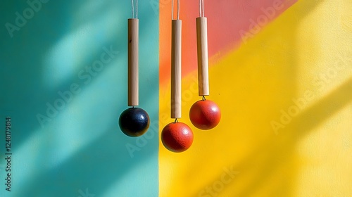 Wooden wind chime hanging with a bocce pallino isolated on a colorful background