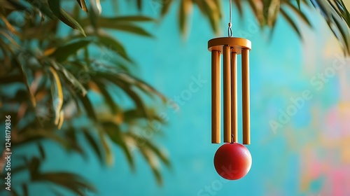 Obraz na płótnie Wooden wind chime hanging with a bocce pallino isolated on a colorful background w salonie