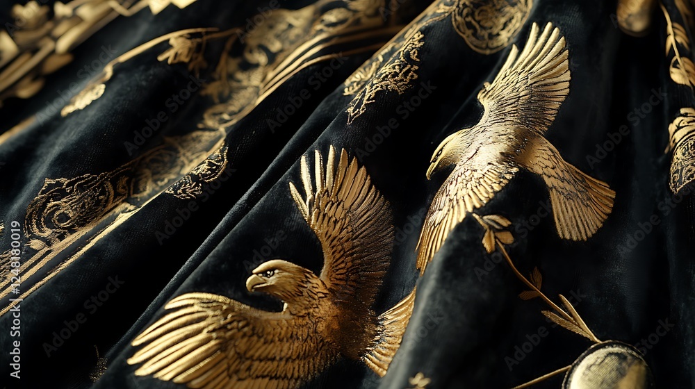 Worn velvet with golden falcon globes and arrow motives