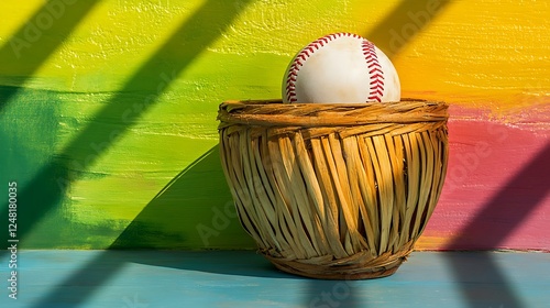 Obraz na płótnie Woven wooden basket holding a softball isolated on a colorful background w salonie