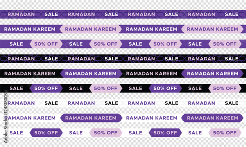 Set of Ramadan Sale banner tapes, ribbons. 50% off Horizontal tapes with sale, discount, mega and Big sale, special offer. Vector illustration