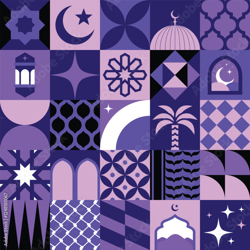 Islamic Ramadan Banner Design in Geometric Mosaic style. Edi Mubarak Mosque and crescent moon greeting card template. Vector illustration