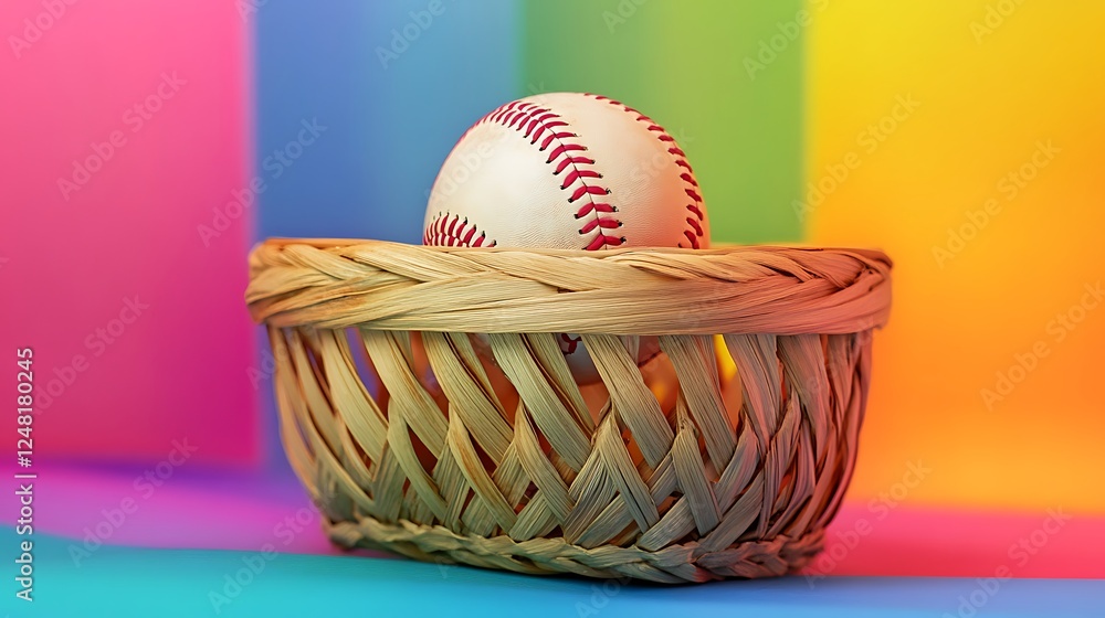 Woven wooden basket holding a softball isolated on a colorful background