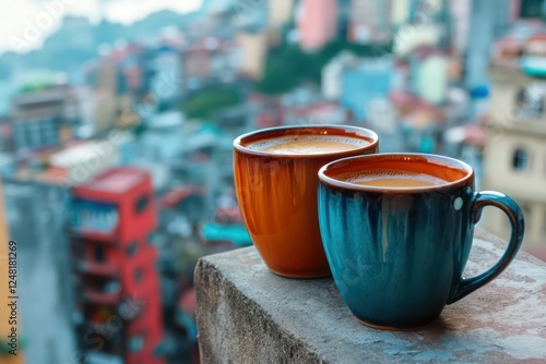 Two ceramic mugs filled with coffee, placed on a narrow stone ledge with a vibrant cityscape in the background. photo