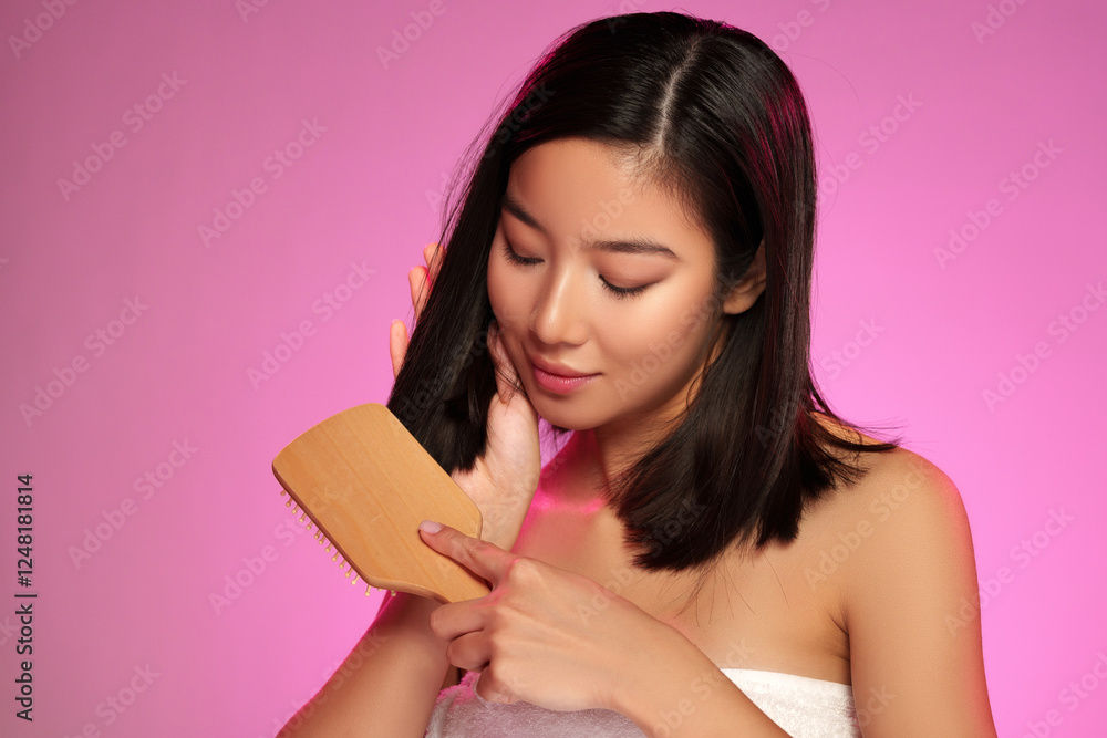 Woman grooming her hair with a wooden brush under vibrant pink lighting in a serene indoor setting Woman grooming her hair with a wooden brush under vibrant pink lighting in a serene indoor setting