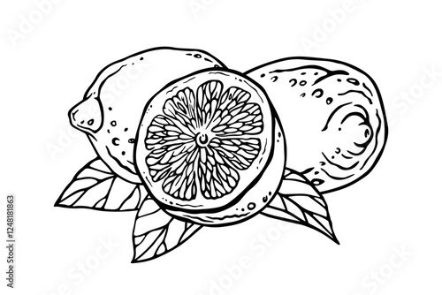 Lemons. Ink graphic composition with whole and half citrus fruits on leaves. Hand drawn outline sketch of tropical fruits for label, menu, packaging design or kitchen wallpaper or textile decoration