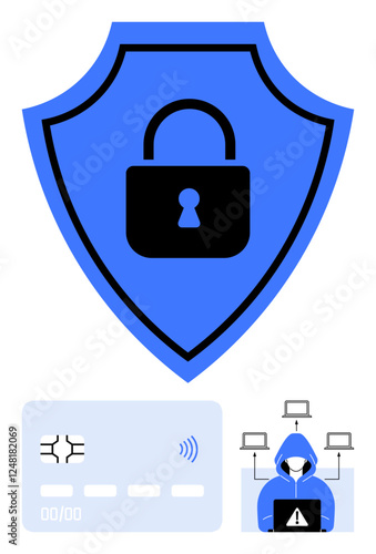 Shield with lock for protection, payment card chip, and hacker with linked devices symbolizing cybersecurity, fraud risks, data safety. Ideal for IT, banking, hacking privacy. Abstract line flat