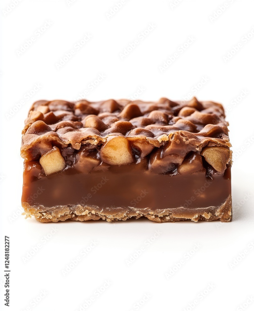 Close-Up of Delicious Caramel Chocolate Bar with Nuts on White Background Showcasing Creamy Texture and Indulgent Layers of Sweetness and Crunch Close-Up of Delicious Caramel Chocolate Bar with Nuts on White Background Showcasing Creamy Texture and Indulgent Layers of Sweetness and Crunch
