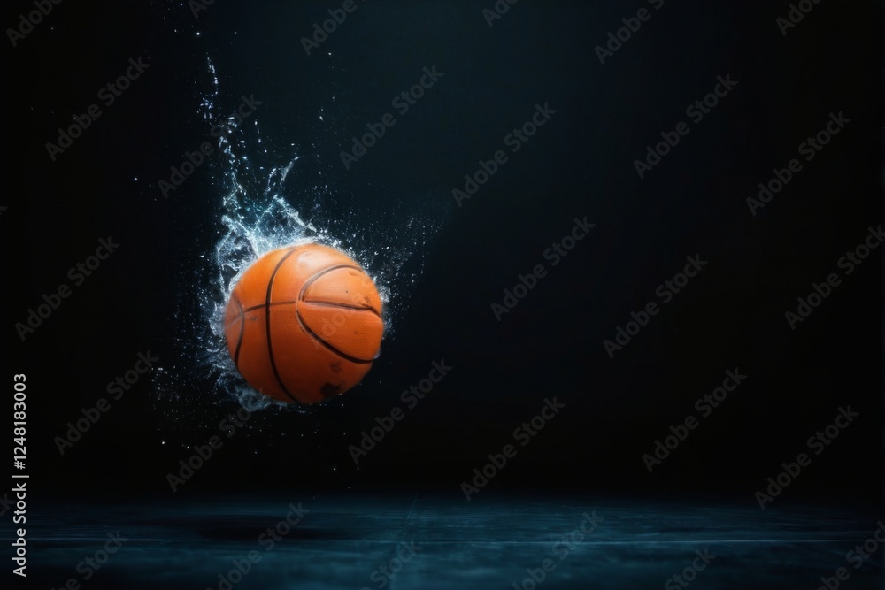 Obraz premium Dynamic Orange Basketball in MidAir with White Particles and Dark Background, Low Angle Shot