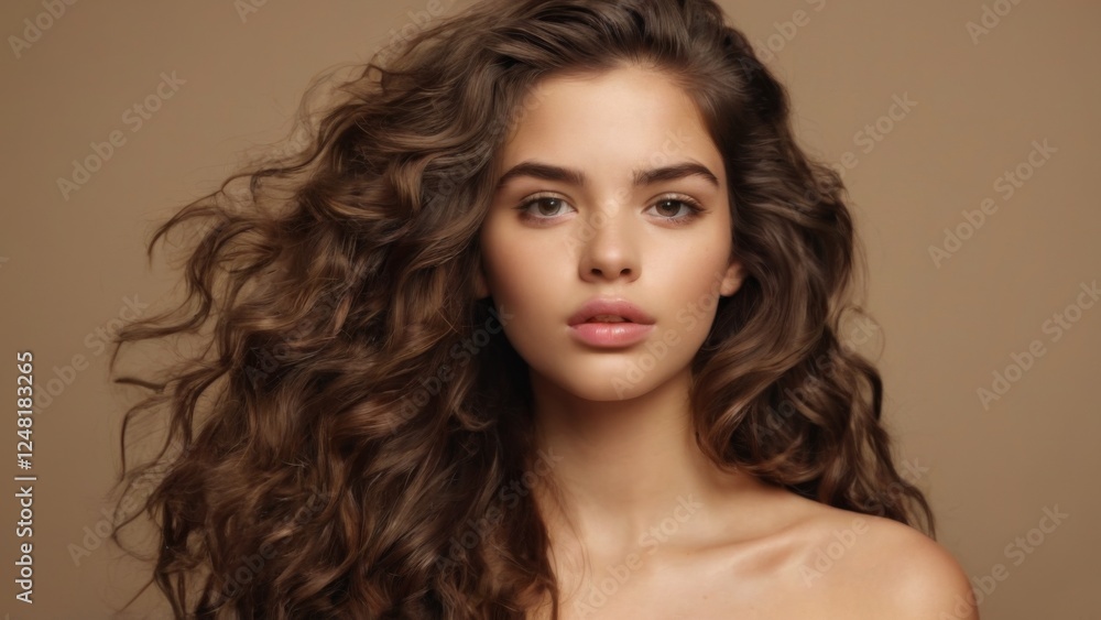 Fototapeta premium Young woman with long wavy hair in serious expression, styled in loose curls against neutral background. Soft lighting accentuates.