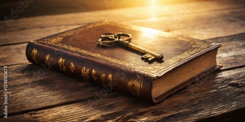 Intricately designed golden key placed on old book with worn leather cover, creating peaceful and serene atmosphere.