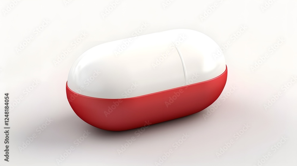 Highly detailed close up image of a single red and white capsule pill placed on a clean minimal white background The medication appears to be a pharmaceutical product vitamin Highly detailed close up image of a single red and white capsule pill placed on a clean minimal white background The medication appears to be a pharmaceutical product vitamin