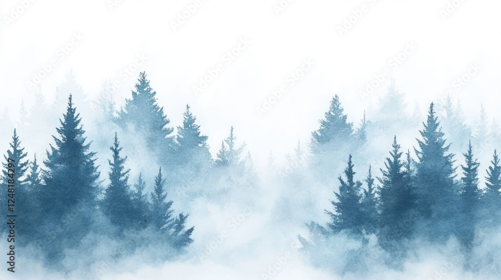 Misty forest landscape with towering trees and thick fog Misty forest landscape with towering trees and thick fog