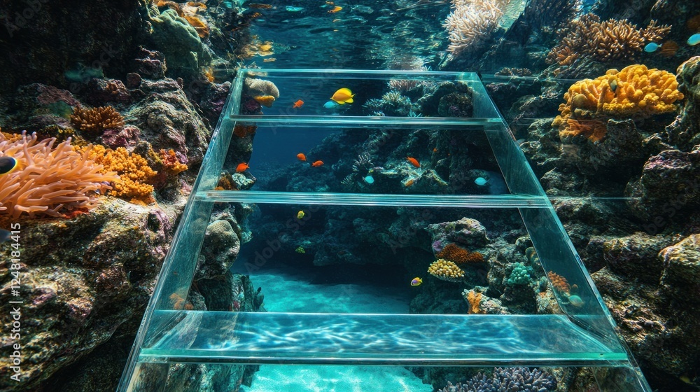 Underwater observation deck reveals vibrant marine ecosystem panorama Underwater observation deck reveals vibrant marine ecosystem panorama