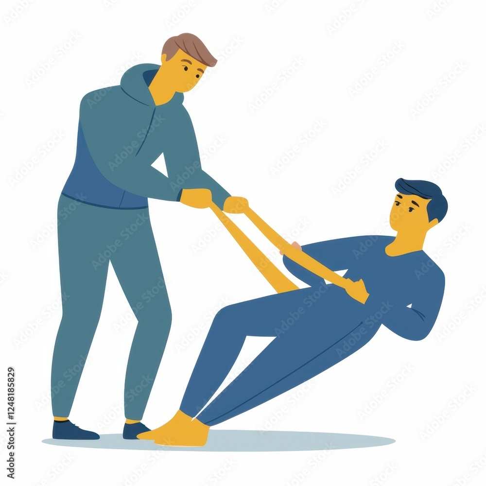 Fototapeta premium Two individuals are using resistance bands for exercise, with one assisting the other in a workout session focused on strength training.