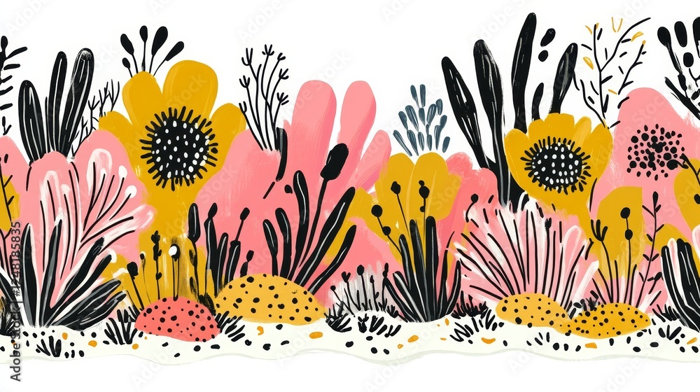 Naklejka premium Abstract Floral Border Design Pink Yellow Mustard Black White Botanical Seamless Pattern Textile Print