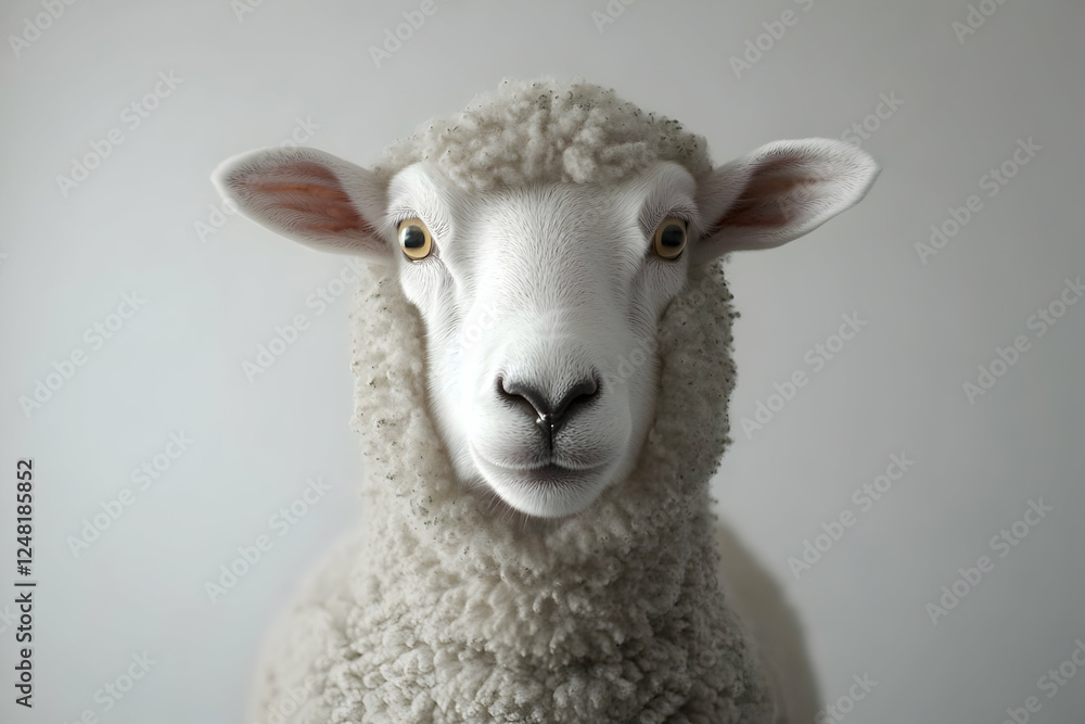 Fototapeta premium White sheep portrait, studio, neutral background, calm