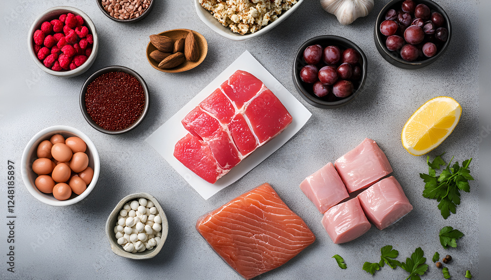 Various iron rich foods on gray table, top view. Anemia diet plan Various iron rich foods on gray table, top view. Anemia diet plan