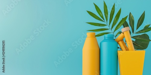 Colorful cosmetic bottles are arranged with tropical leaves on a vibrant blue background, suggesting a fresh and natural beauty theme. photo