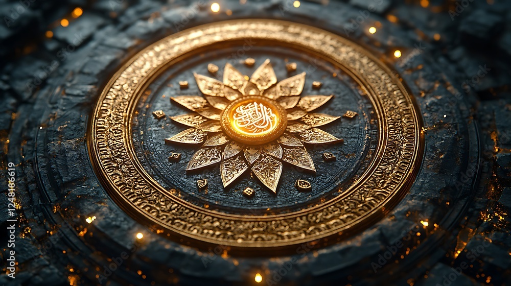 Obraz premium Intricate Golden Mandala with Central Emblem and Glowing Lights on Dark Stone