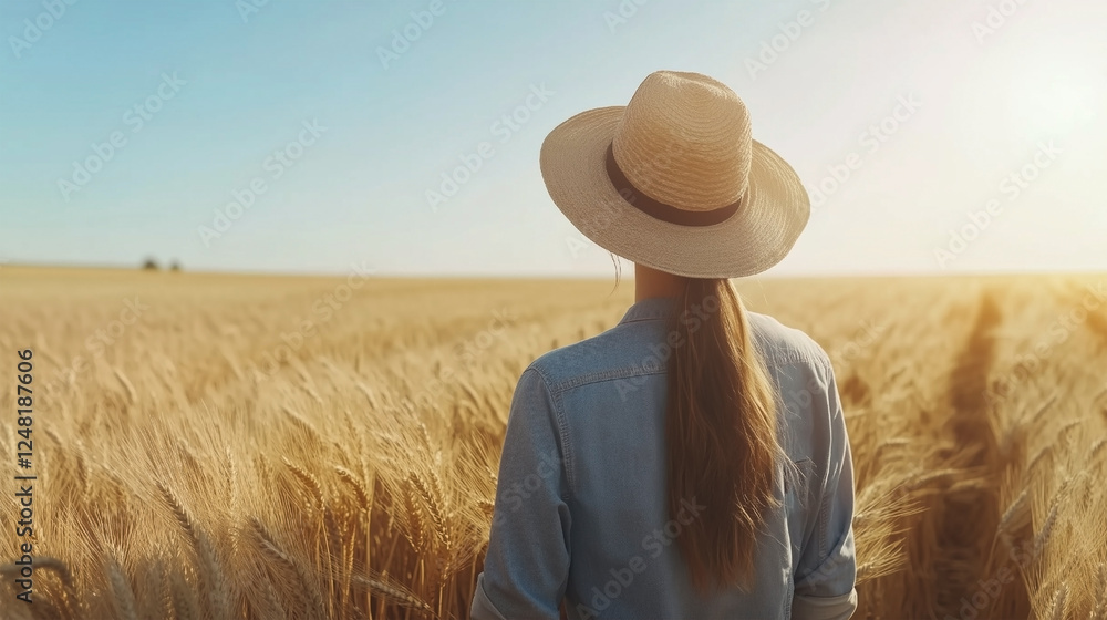 A woman wearing a straw hat stands in a field of wheat A woman wearing a straw hat stands in a field of wheat
