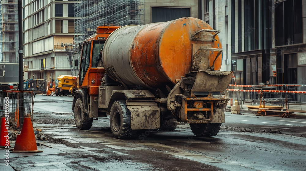 A dirty orange and gray truck is driving down a street A dirty orange and gray truck is driving down a street
