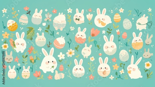 Whimsical Spring Meadow with Cute Baby Animals and Colorful Eggs
