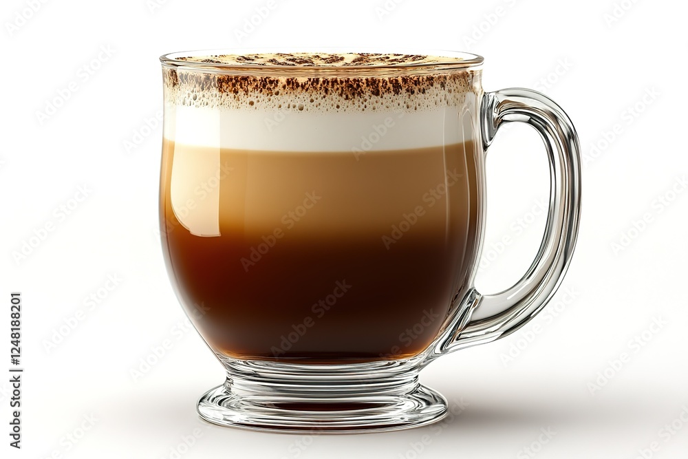 Elegant glass mug of layered coffee drink with foam and dusting Perfect for a cozy morning or afternoon treat Elegant glass mug of layered coffee drink with foam and dusting Perfect for a cozy morning or afternoon treat