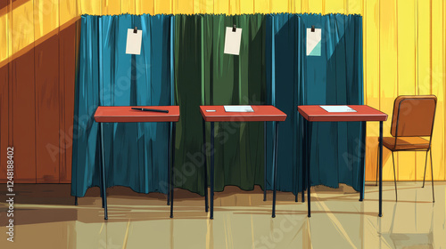 Polling station empty interior, separated voting booths with close and open curtains and pen on desk. Poll, presidential election concept. Place for civil rights execution, Cartoon vector illustration photo