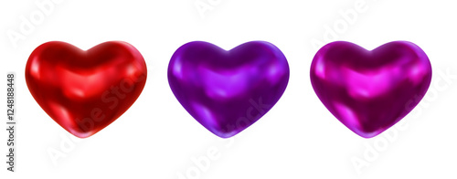 Set of realistic 3d hearts red, purple, violet colors. Vector illustration for romantic greeting card, invitation, design wedding, banner, flyer, poster, decoration