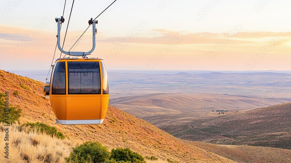 A vibrant yellow gondola glides above a scenic landscape, showcasing rolling hills and a colorful sunset in the background. A vibrant yellow gondola glides above a scenic landscape, showcasing rolling hills and a colorful sunset in the background.