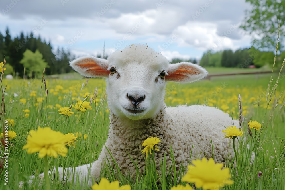 Fototapeta premium Lamb rests in spring meadow, farm background