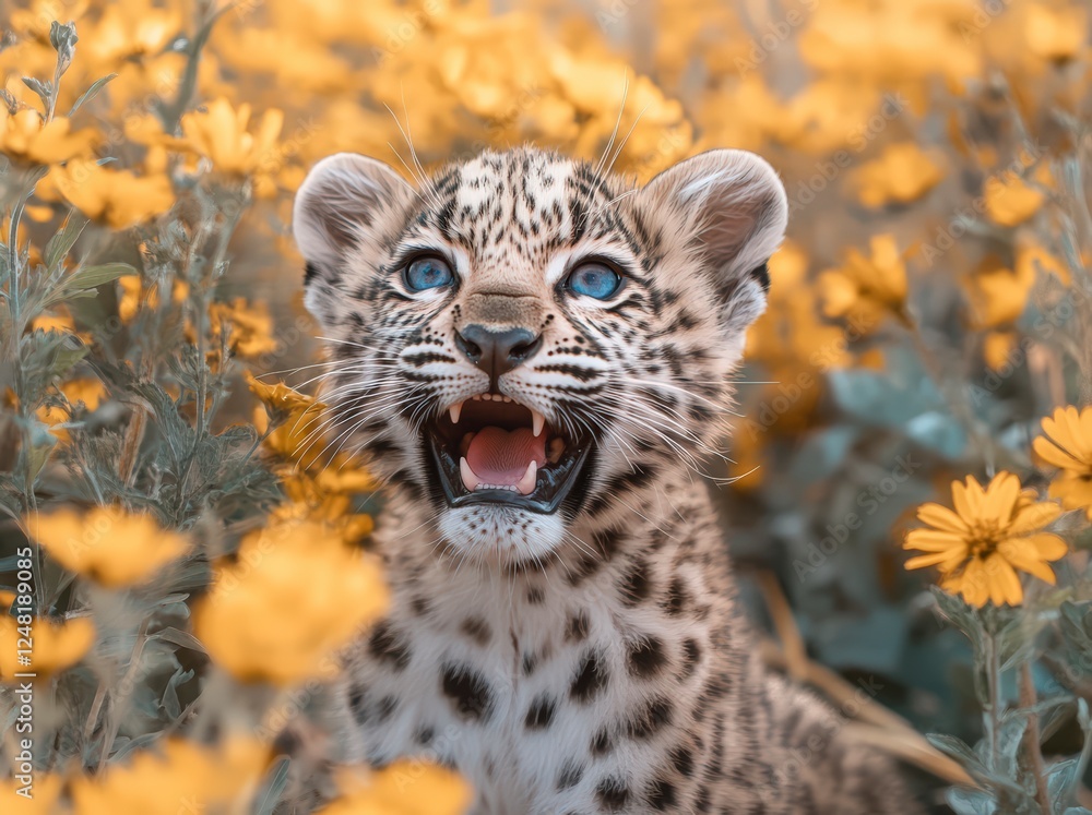 Fototapeta premium Smiling leopard cub among vibrant yellow flowers
