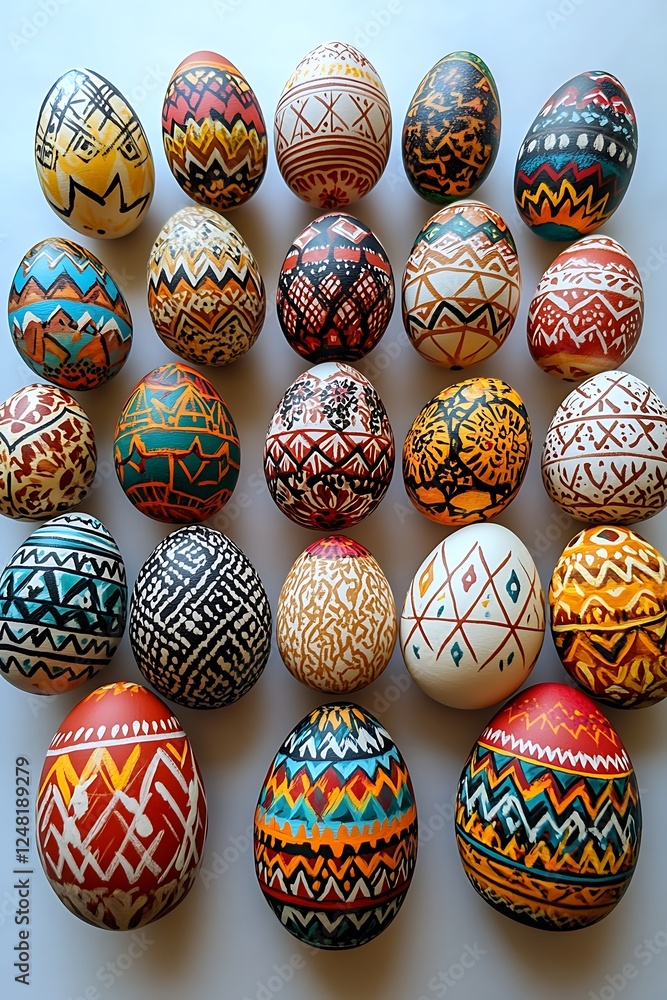 This captivating image presents an artistic Easter tableau featuring an array of hand-painted eggs with intricate designs, arranged in a balanced formation on a spotless white background. Each This captivating image presents an artistic Easter tableau featuring an array of hand-painted eggs with intricate designs, arranged in a balanced formation on a spotless white background. Each