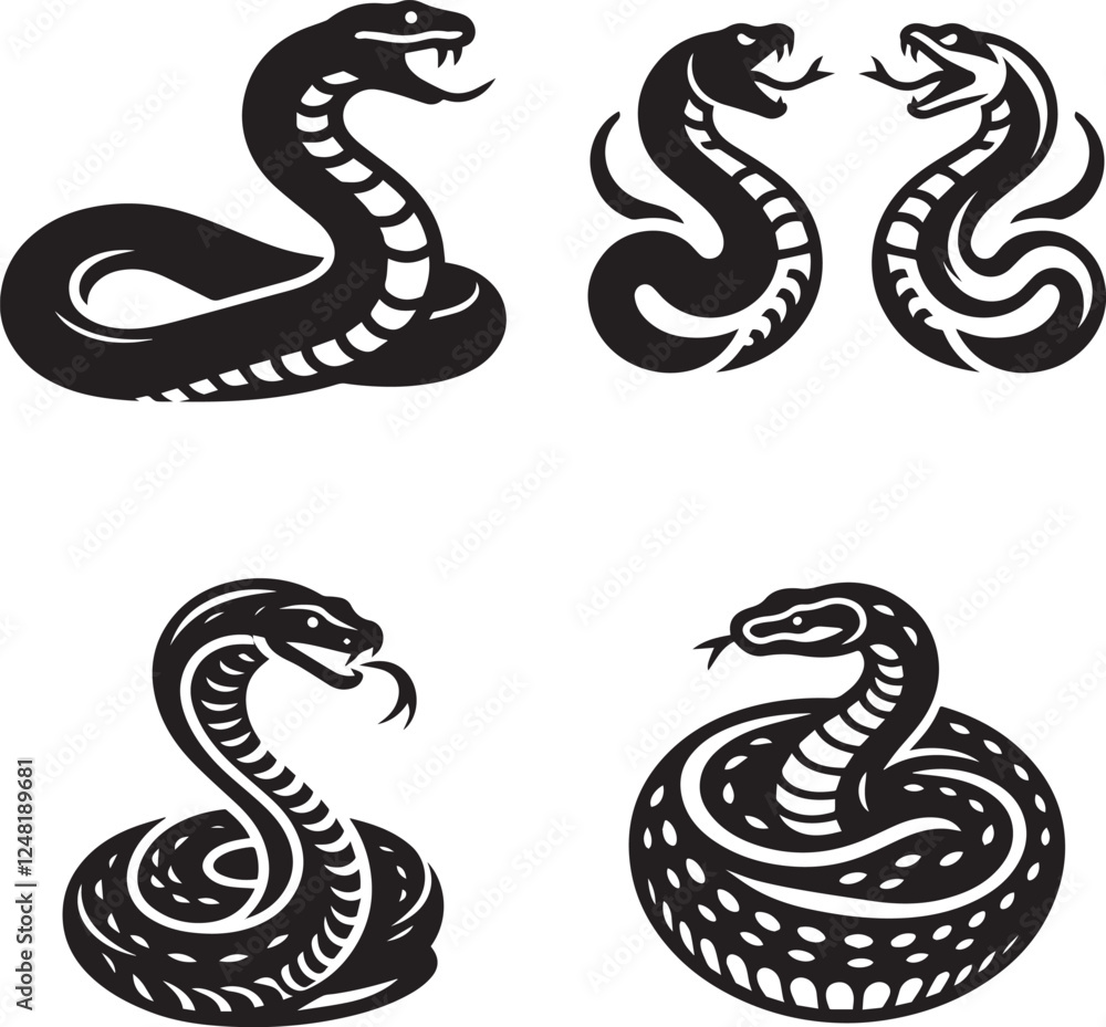 Fototapeta premium Set of Artistic Snake Silhouettes - Vector Illustrations